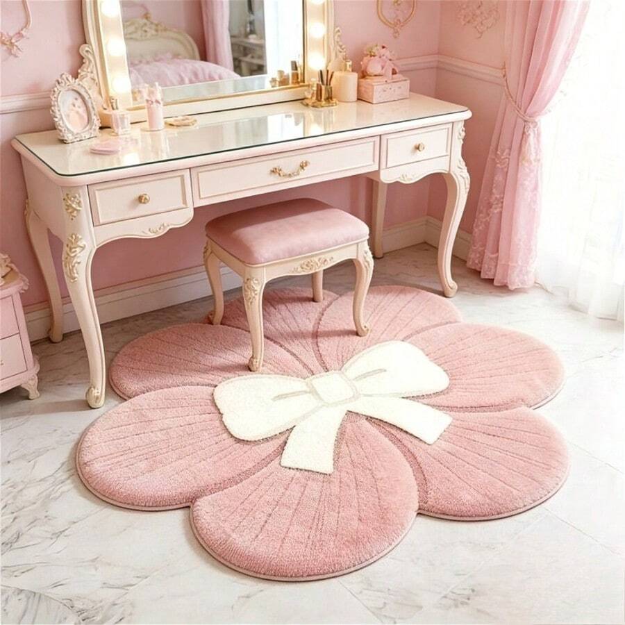 1pc French Sweet Petal Bow Rug, Pink Petals, Large Center Bow, Petal Texture Embossed, Room Atmosphere Enhanced, Hand-Cut With 1-5cm Error, Beautiful And Healing Decorative Rug, Bedroom Decor, Small Rug, Rug, Home Decor, Living Room Rug, Bedroom Rug, Outdoor Rug, Washable Rug - Multicolor - View 1
