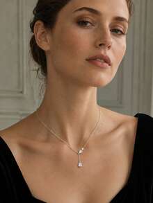 outingfit 1pc New Y-Shaped Rhinestone Inlaid Teardrop Pendant Necklace, Women's Minimalist Elegant Rhinestone Choker Necklace, Suitable For Daily Wear And Party Occasions - Silver - View 3