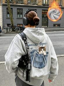 Women's New Autumn/Winter Minimalist Pullover Sweatshirt, Decorated With Cute Cat Pattern Print In Pockets, Casual Fashion Versatile Fall - Grey - View 2