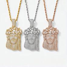 Bold Crown Head Jesus Pendant, Shiny And Eye-Catching, Showcasing Personalized And Style. Gold Appearance Combined With Thick Twisted Rope Chain, Paired With Large Size Pendant, Overall Fashionable And Striking Design, Easily Creating Hip-Hop Street Style. Suitable For Matching With T-Shirts, Hoodies, Jackets And Other Daily Outfits, Also Applicable For Parties, Gatherings, Music Festivals, Street Photography And Other Occasions, It Is A Personalized Accessory To Enhance Overall Style. - Rice Grain Jesus - View 3
