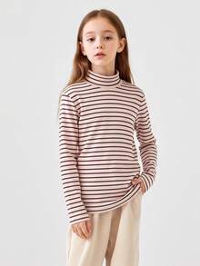 Balabala Unisex Tween Girl Striped Long‑Sleeve Base Shirt Soft Skin‑Friendly Fashion Top Cozy Versatile Inner Wear For Winter - Red Hue - View 1
