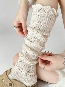 1 Paar Mädchen Cut Out Rauten Strick Slouch Socken, Wellige Spitze Atmungsaktive Mesh Mittlere Waden Socken, Japanischer Sanfter Stil Einfarbig Vielseitig, Geeignet für Ballettschuhe, Schneestiefel, Freizeitkleidung, Dünne Kniestrümpfe - Verschiedenfarbig - Übersicht 5