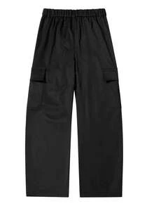 Men's Elastic Waist Wide Leg Cargo Pants, Multi-Pocket 3D Cargo Pockets, Draped Loose Straight Leg Casual Long Pants, Button Fly - Black - View 4