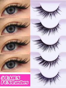 5 Pairs Fox Eye Strip False Eyelashes Winged Elongated Outer Corner Design Dense Voluminous Faux Mink Lashes Soft Comfortable Thin Band Reusable Whole Strip Lashes For Dramatic Glam Eye Makeup Party Daily Wear - Black - View 1