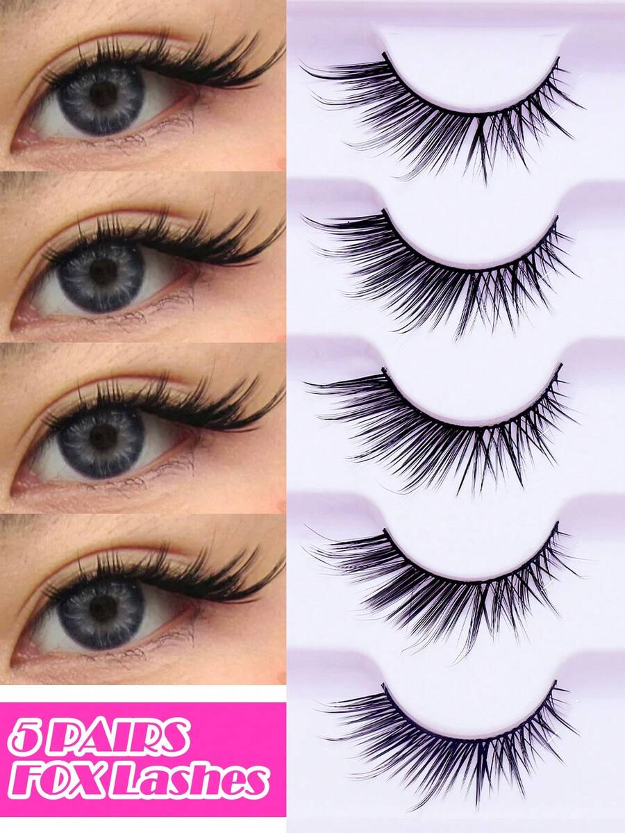 5 Pairs Fox Eye Strip False Eyelashes Winged Elongated Outer Corner Design Dense Voluminous Faux Mink Lashes Soft Comfortable Thin Band Reusable Whole Strip Lashes For Dramatic Glam Eye Makeup Party Daily Wear - Black - View 1