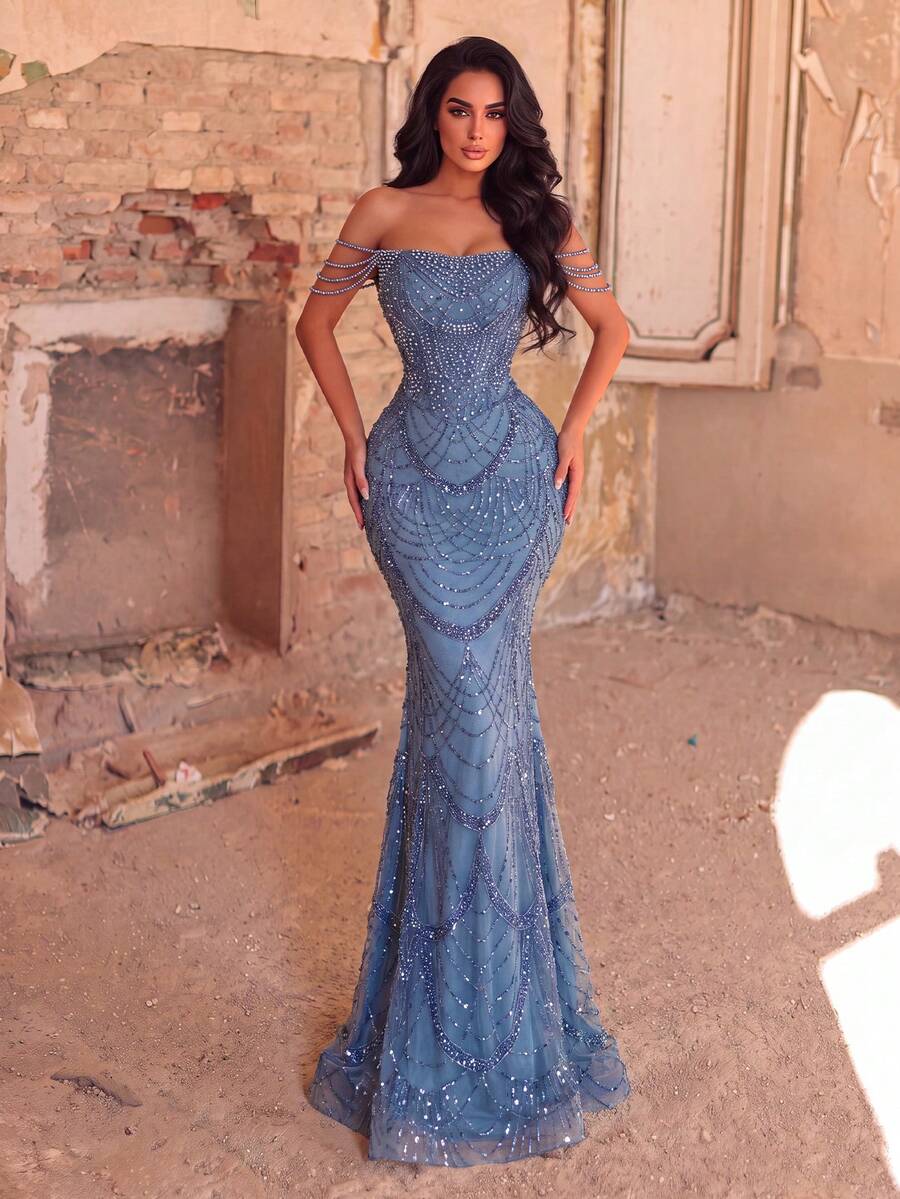 Women's Elegant Faux Pearl Embroidered Mermaid Formal Long Dress, Strapless Sleeveless Full Length With Built-In Bra And Boning Fall Wedding Party