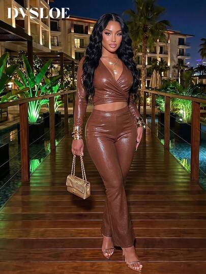 DVSLOE Women's Autumn Y2K Retro Sexy Brown V-Neck Long Sleeve Top + PU Leather Flare Pants 2-Piece Set, Suitable For Party, Casual Gathering, Commute, Street Style