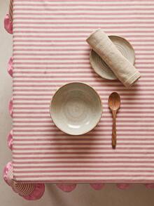 1pc White Base Red Striped Pink Ruffle Edge Tablecloth, Fresh Natural Style Fabric Rectangular Pink Ruffle Edge Patchwork Detail Decorative Functional Dining Tablecloth Suitable For Daily Home Dining And Fresh Home Decor Scenes - Red - View 5