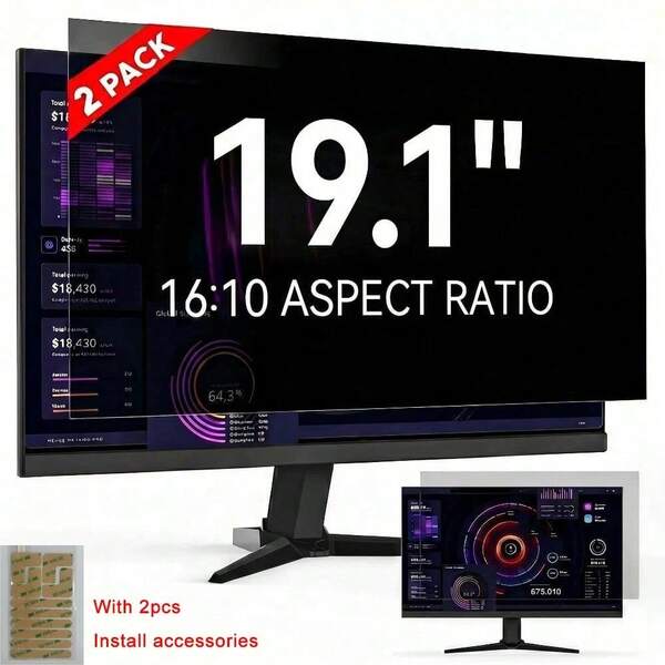 [2 Packs] Privacy Screen For Computer Monitor, 19.1-Inch 16:10 Aspect Ratio; Anti Spy/Bule Light/Glare And Eye Protection, 2 Install Ways Removable For Office, Airport, Cafe And Other Public Area; Diagonal 19.1 Inches, Width 16.14 Inches, Height 10.07