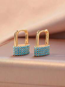 ZHIXUN 1 Pair Elegant French Inlaid Imitation Turquoise U-Shaped Locking Earrings,Luxurious Design, For Women's Daily,Holiday,Party Wedding Accessories - Earring 1 - View 8