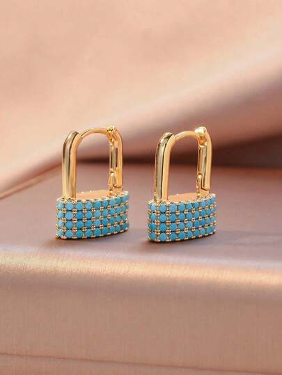 ZHIXUN 1 Pair Elegant French Inlaid Imitation Turquoise U-Shaped Locking Earrings,Luxurious Design, For Women's Daily,Holiday,Party Wedding Accessories