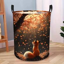 1PC Autumn Scenery Fox Under Tree Falling Leaves Print Round Laundry Basket Large Capacity Storage Hamper With Handles For Bedroom Dorm Home Organization - Multicolor - View 6