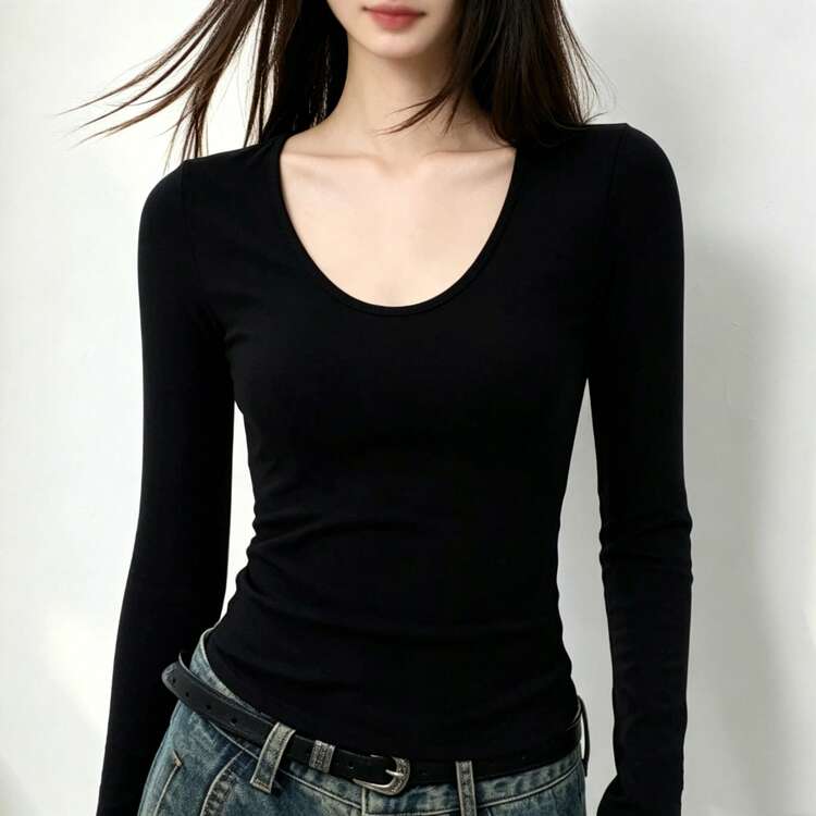 Black Square Shoulder Long Sleeve T-Shirt Inner Layer Women Autumn Outfit Slim Fit Flattering Short Length Fashion Elegant Basic Style Layering Halloween Top - Black - View 4