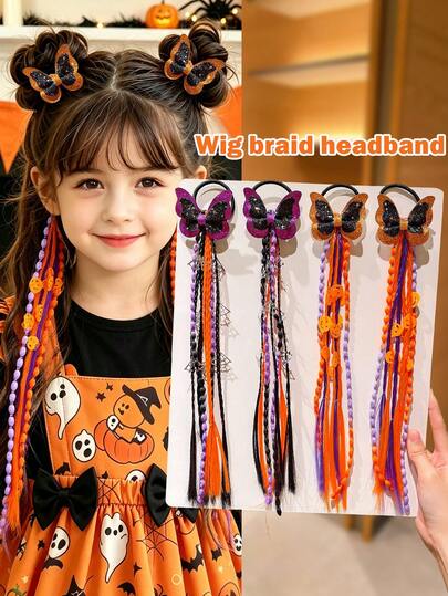 2Pcs Girls Halloween Costume Braided Hair Bands With Butterfly Pumpkin Sequin Decoration, Orange Purple Black Color Matching Halloween Atmosphere, Cute Girls Hair Accessories, Suitable For Halloween Party And Gift Giving