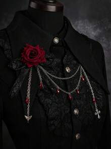 1Pc Metal Gothic Rose Bow Brooch, Black Lace Red Rose Tassel Pin, Halloween Punk Floral Badge, Party Costume Accessory - Multicolor - View 1