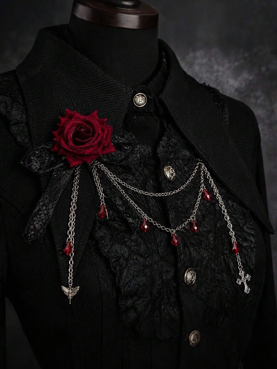 1Pc Metal Gothic Rose Bow Brooch, Black Lace Red Rose Tassel Pin, Halloween Punk Floral Badge, Party Costume Accessory - Multicolor - View 1