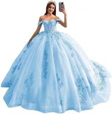 Vestidos de Quinceañera con Hombros Descubiertos, Talla Grande, Vestido de Encaje con Apliques Dulces 15 16, Fiesta de Graduación, Boda, Cumpleaños - Azul-cielo - Ver 1