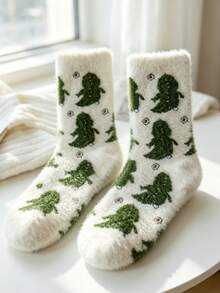 Soft And Comfortable Plush Socks Featuring Various Patterns, Including Cow Prints And Cartoon Dinosaurs; These Soft, Fluffy, And Cozy Indoor Socks Are Perfect For Lounging At Home Or In The Dorm, As Well As For Autumn, Winter, And Everyday Wear. - Multicolor - View 10