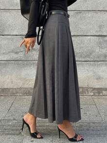 Plus Size Grey High Waist Pleated Skirt For Women, Slimming A-Line Mid-Length Skirt, Professional Office Style, Suitable For Daily Casual And Commute Wear - Grey - View 4