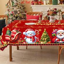 Christmas Tablecloth With Santa Claus, Snowman, Christmas Tree And Gift Red Plaid Pattern, Festive Red Background Christmas Style, Warm And Cheerful Atmosphere, Easy To Clean, Durable And Beautiful, Suitable For Dining Table, Party And Home Use - A - View 2