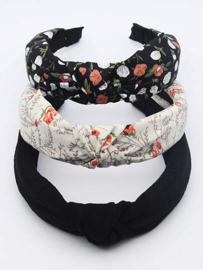 3pcs/Set Black & White Floral Fabric Solid Color Women's Non-Slip Headbands, Fashion Hair Accessories For Face Washing, Makeup, Casual Wear, Hair Styling Tool