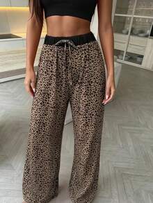 1pc Loose Leopard Print Elastic Waist Long Pajama Pants - Black - View 3