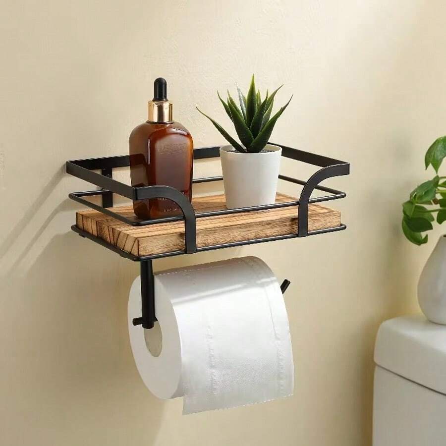 In Stock Solid Wood Wall-Mounted Toilet Paper Holder Bathroom Wooden Wall Shelf Paper Towel Storage Rack For Home - Multicolor - View 1