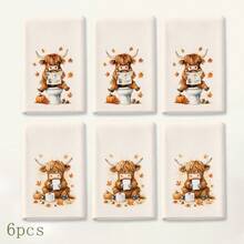 2/4/6pcs Highland Cow Autumn Theme Printed Kitchen Napkins, Cute Hand-Drawn Style, Soft And Easy To Clean, Highland Cow, Pumpkin, Maple Leaf And Fun Bathroom Patterns, Home Decor, Autumn Home Gift, Suitable For Bathroom Decor, Kitchen Decor, Kitchen Accessories - Multicolor - View 11