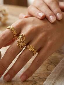 RAYQUEEN 3PCS Stainless Steel Fashion Hollow Flower Design 4-Opening Ring Set Decorative Jewelry For Women, Suitable For Daily Wear - Gold - View 5