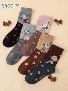 5 Pairs SNOOPY Series Authentic Puppy Contrast Color Pattern Fun Personalized Cartoon Women's Mid-Calf Socks, Unisex, Christmas Style - Multicolor - View 3