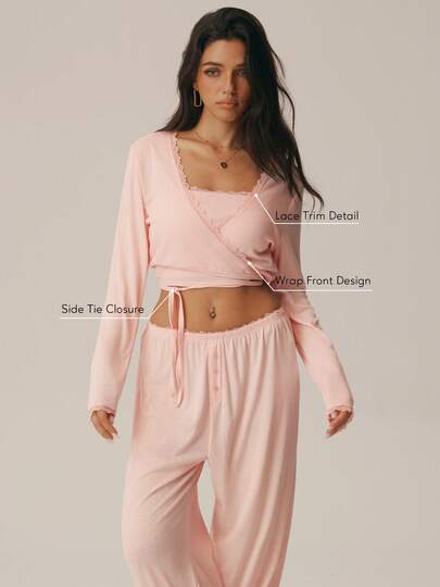 Sodalemon Women's Pink Jacquard Contrast Lace Fitness Loose Long Sleeve Training Tie-Up Short Top, Solid Color Casual Outdoor Sports Yoga Workout Clothing