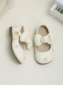 Toddler Little Girls Bow Decor Mary Jane Flats, Soft Non-Slip Sole Dress Shoes For Daily Party - Beige - View 4