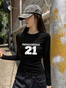 Early Autumn Black Slim Fit Flattering Y2K Long Sleeve T-Shirt For Women, Minimalist Letter Print Design Unique Top - Black - View 5