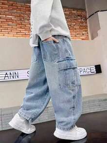 Celana Jeans Denim Kasual Model Lurus untuk Anak Laki-Laki, Gaya Jalanan - Biru - View 1