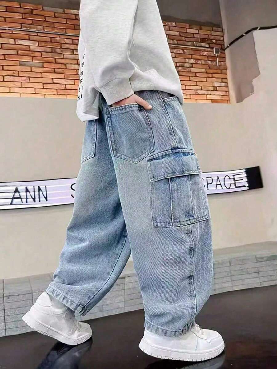 Celana Jeans Denim Kasual Model Lurus untuk Anak Laki-Laki, Gaya Jalanan - Biru - View 1