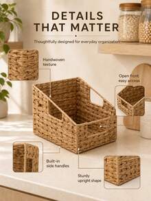 2 Pieces Detachable Trapezoid Woven Storage Basket Set With Cutout Handles, Waterproof Paper Rattan Large-Capacity Organizer Bins For Snacks, Toiletries, Pantry, Kitchen, Bathroom, Closet And Shelf - Multicolor - View 4