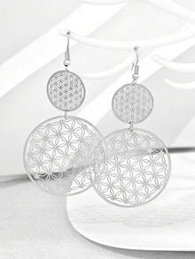 1 Pasang Anting Bulat Berongga Bunga Minimalis dari Baja Tahan Karat untuk Wanita, Cocok untuk Pemakaian Sehari-hari - Perak - E1129 - View 3
