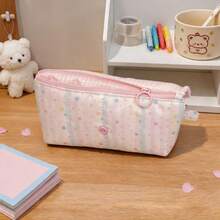 1pc Colorful Patchwork Pencil Case, Large Capacity Multi-Layer Stationery Organizer With Pink Pom Pom Trim, Zipper Compartment And Snap Front Pocket, Portable Storage Bag For Pens, Pencils, Erasers, Rulers, Cards And School Supplies, - Colorful Print - View 5