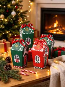 30pcs Red/Green Christmas House-Shaped Gift Box, Includes Red Ribbon And Christmas Tree Card. Ideal For Christmas Gift Wrapping, Table Decorations, Holiday Gift Wrapping, And Themed Party Decorations. Perfect For Christmas And Themed Parties. - Multicolor - View 4