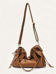 Vintage Faux Leather Shoulder Bag, Fashion Design Large Capacity Shoulder Bag, Niche Classic Multi-Functional Handbag, Suitable For Daily Commute - Brown - View 7