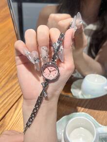 1件時尚女款合金手鍊腕錶，優雅復古圓盤面，配蝴蝶結水鑽鏈條，適合多種場合，理想的節日禮物 - 粉色 - 查看 5