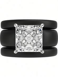 Set Cincin Silikon 3 Buah dengan Batu Zirkonia Potongan Persegi, Cocok untuk Pemakaian Sehari-hari, Pernikahan, Hari Valentine, Ulang Tahun, dan Acara Pemberian Hadiah. - Cincin silikon hitam dan putih - View 20