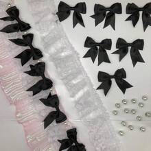 Black Elastic Double Layer Ruched Lace Trim, Elastic Lace Ruffle, Suitable For Sewing DIY Handmade Clothing Fringe, Race Ribbon, Coming Of Age Hair Ornament - 1 Yard Lace + 5 Pcs Oversized Bows - View 11