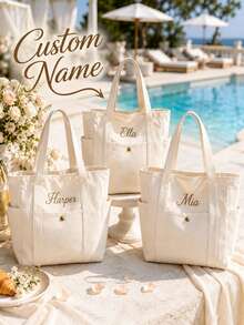 Custom Embroidered Bridesmaid Tote Bag, Personalized Canvas Beach Bag With Initial Ribbon, Bridesmaid Wedding Gift, Bridal Party Tote Bag - Multicolor - View 5