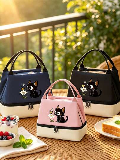 Cat Print Lunch Bag, Insulated Bag With Black Utensil Storage Pouch, Unisex Double-Layer Leak-Proof Insulated Lunch Box/Bento Bag/Handbag, Portable Insulated Basket, Outdoor Lunch Bag. Contrast Color Design, Large Capacity Cold Storage/Insulation, Easily Fits Lunch Box, Water Bottle, Drinks. Suitable For Students, Teachers, Office Workers, Moms, Best Friends, Great Gift For Graduation Season, Back To School, Teacher's Day, Birthday, Anniversary