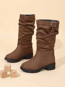 Girls' Brown Suede Mid-Calf Boots With Metal Buckle Slip-On Round Toe, Suitable For Autumn Outings And Shopping - Brown - View 3