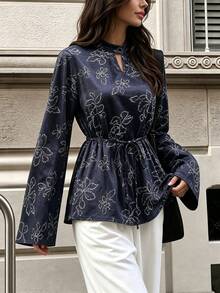 Women's Elegant Floral Print Top, Autumn - Royal Blue - View 9