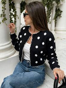 Fall/Winter Casual Versatile Crew Neck Cute Polka Dot 2 In 1 Going Out Knit Cardigan - Black and White - View 2