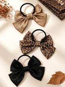 3pcs Autumn Leopard Print Satin Bow Hair Ties,Shiny Fabric Ponytail Scrunchies,Vintage Hair Accessories For Girls Daily Wear & Autumn Winter Gifts - Multicolor - View 9