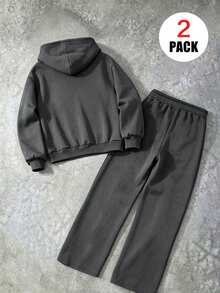2pcs Boys' Casual Outfit,Including "BRUH" Print Hoodie+Wide-Leg Set,Soft Comfortable,Suitable For Autumn&Winter Wear. - Dark Grey - View 4